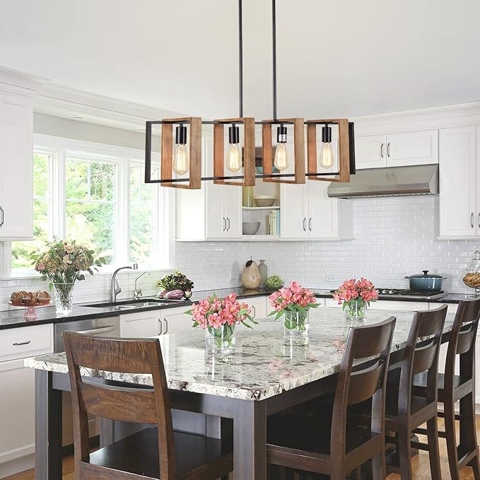 Dining Room Light Fixture Farmhouse Pendant Lights Kitchen Island Rustic Kitchen Light Fixtures 4 Lights Wood and Black Metal Rectangular Chandelier Ceiling Hanging Lighting 35.4"