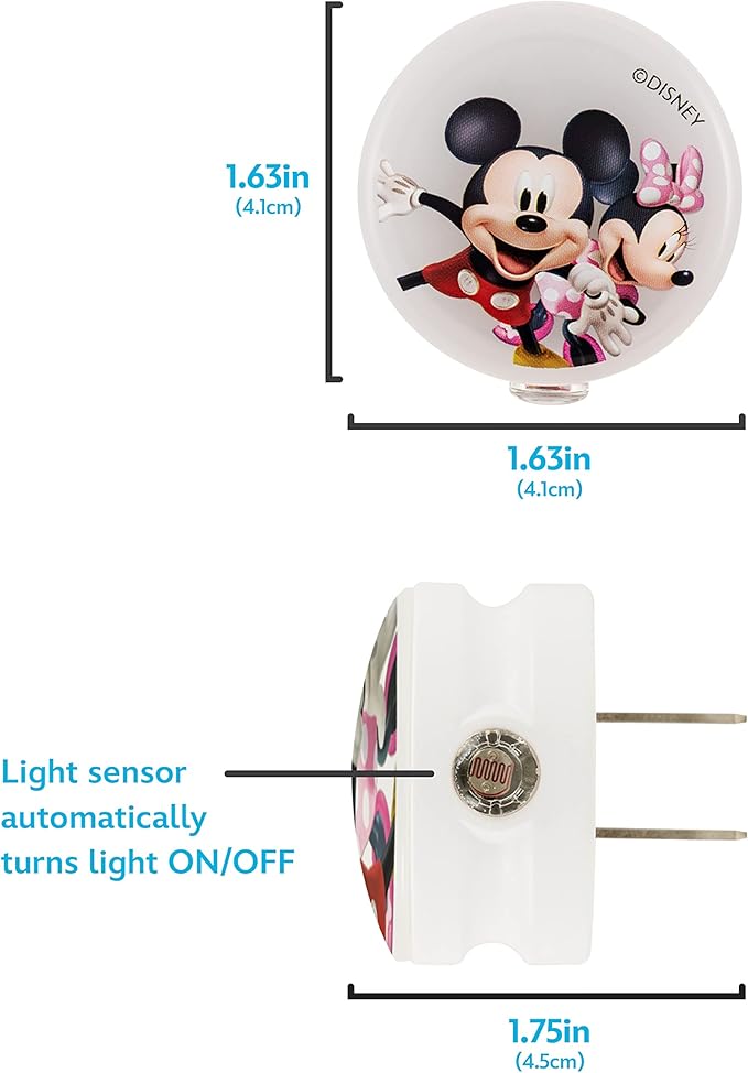 Disney Mickey and Minnie Night Light, Plugs into Wall, Dusk to Dawn Light Sensor, Mickey Mouse, Kids Night Light, Great for Bedroom, Nursery, Playroom, Bathroom, 2 Pack,76699