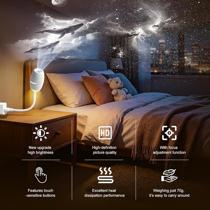 Galaxy Projector Night Light, 2-in-1 USB Star Lamp Kids Gift for Bedroom | Adjustable Brightness, Car & Room Wall Ceiling Decor - 12 Films