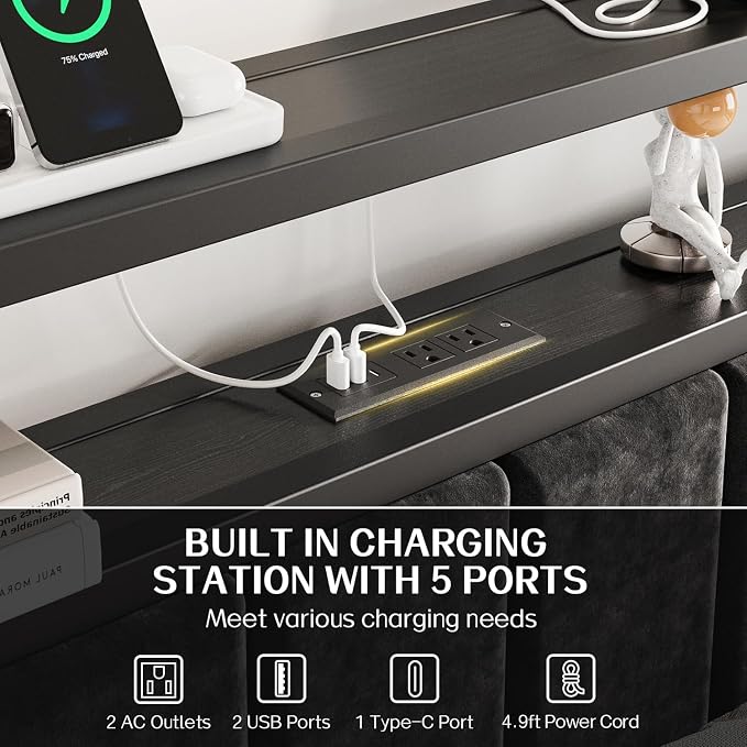 OLEVS Full Size Bed Frame with LED Lights & Charging Station, Modern Platform Bed with Upholstered Storage Headboard, No Box Spring Needed Easy Assembly