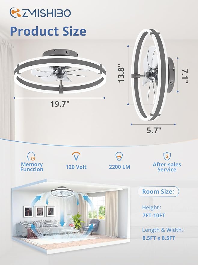 ZMISHIBO Low Profile 19.7'' Ceiling Fans with Lights and Remote, Gray | 3000-6000K Dimmable LED Fandelier, Quiet DC Motor, Reversible Airflow, 6 Wind Speeds, Timer, Bedroom, Living Room, Kitchen