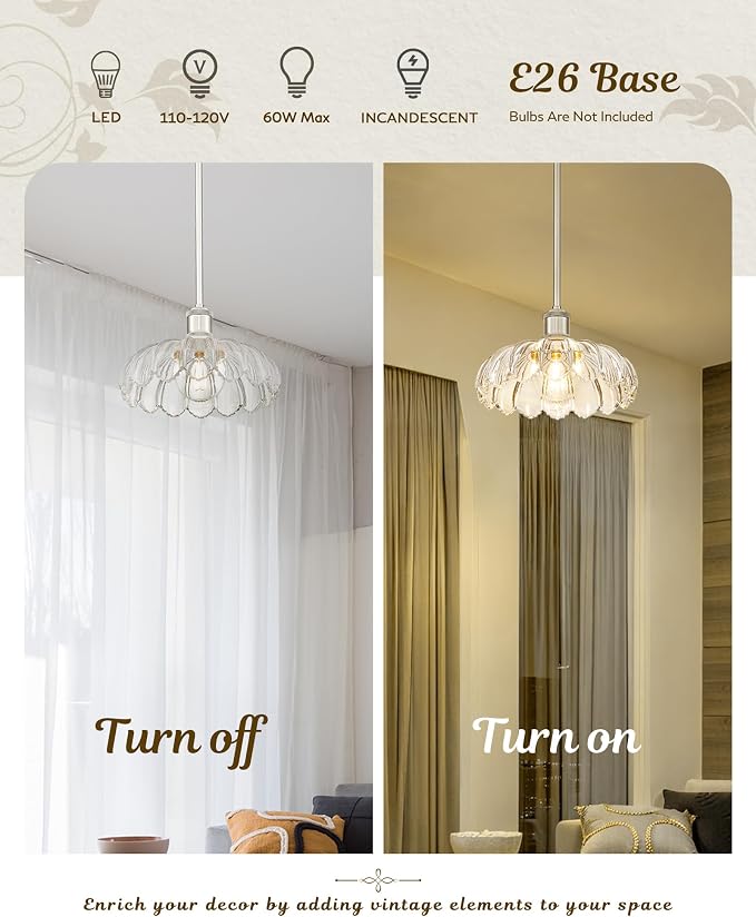 FEMILA Classic Brushed Nickel Flower Glass Pendant Light | 10.4" vintage glass pendant light fixtures for breakfast nooks, dining tables, bar counters E26, adjustable hanging height