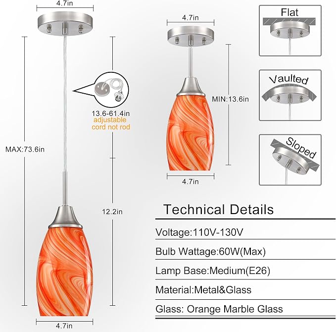 Viinew Mini Glass Pendant Light,1-Pack Orange Marble Glass Hanging Light | 4.72" with Handblown Glass Oval Chadelier,Glass Ceiling Pendant Light for Dining Room Kitchen Island Cafe Foyer
