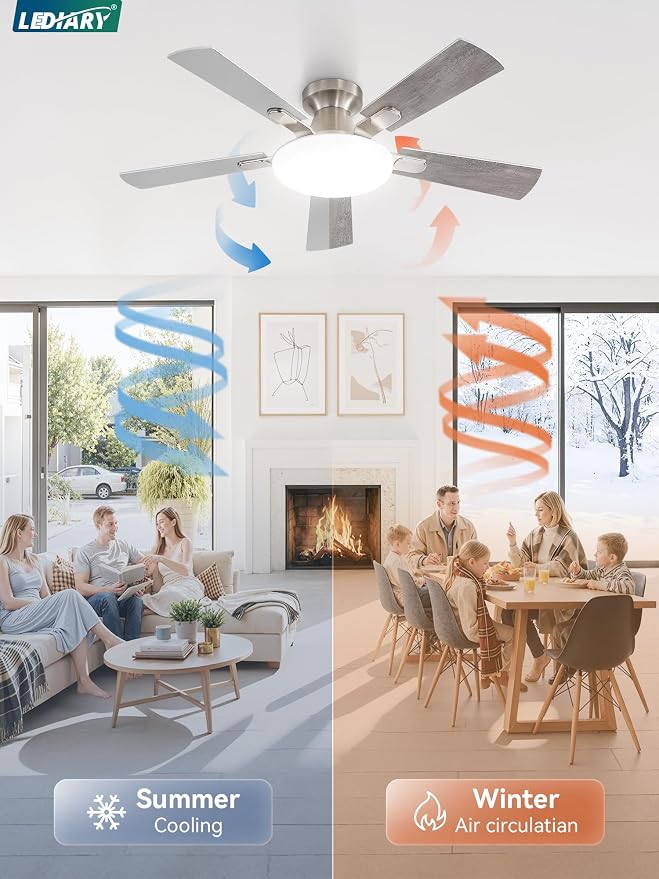 LEDIARY 42 Inch Flush Mount Ceiling Fans with Lights, Remote & APP Control | Bright Light, 3CCT, Dimmable, Memory Function, Timer, Reversible Blade, Quiet DC Motor, Damp-Rated, Bedroom, Covered Patio
