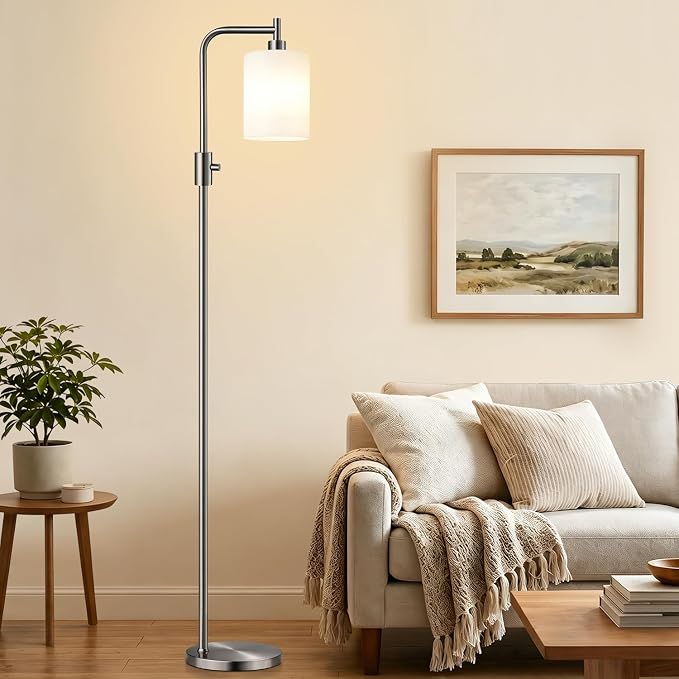 【Upgraded】 Dimmable Floor Lamp for Living Room with Opal Glass Lampshade, Brushed Nickel Modern Floor Lamp with 900LM LED Bulb Included, Standing Tall Lamp for Bedroom, Office, Reading Room, Corner