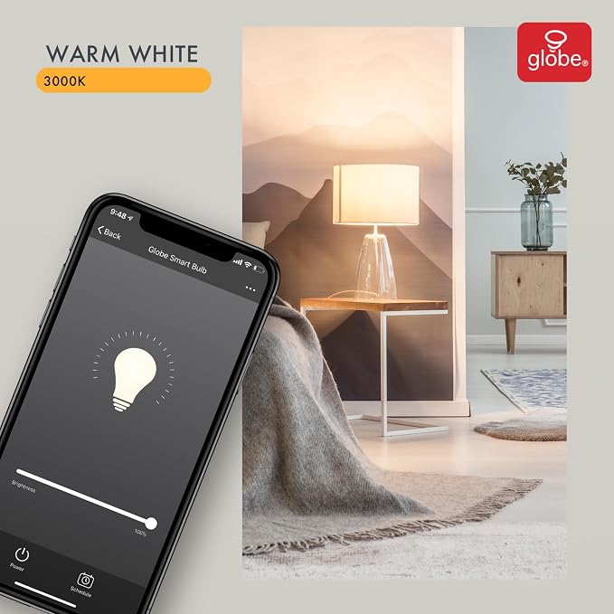 Globe Electric Collection Wi-Fi Smart 10 Watt (60W Equivalent) Dimmable Frosted LED Light Bulb 2-Pack, No Hub Required, Voice Activated, 3000K, A19 Shape, E26 Base 34209, Warm White, 2 Count