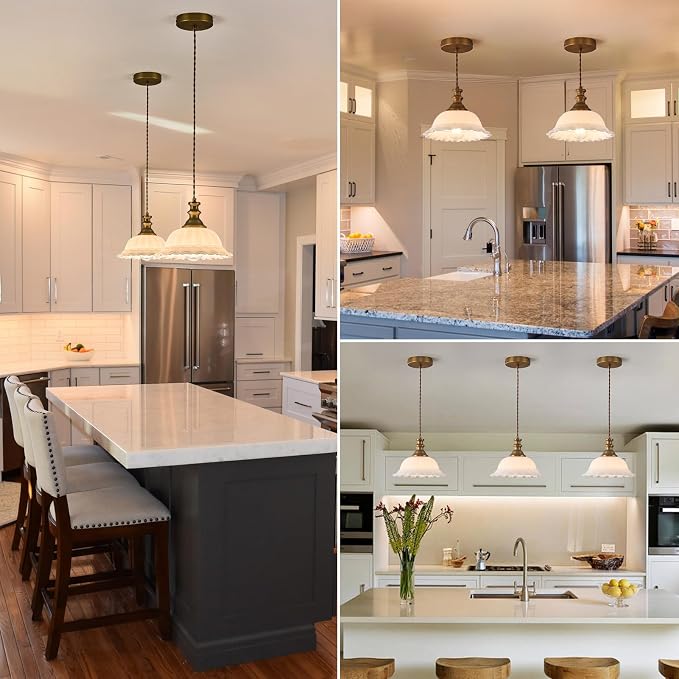 HDDFL Glass Pendant Lights Modern Pendant Lighting Fixtures Hanging Lamp for Kitchen Island Bedroom Dining Room Coffee Shop Hallway White and Brass