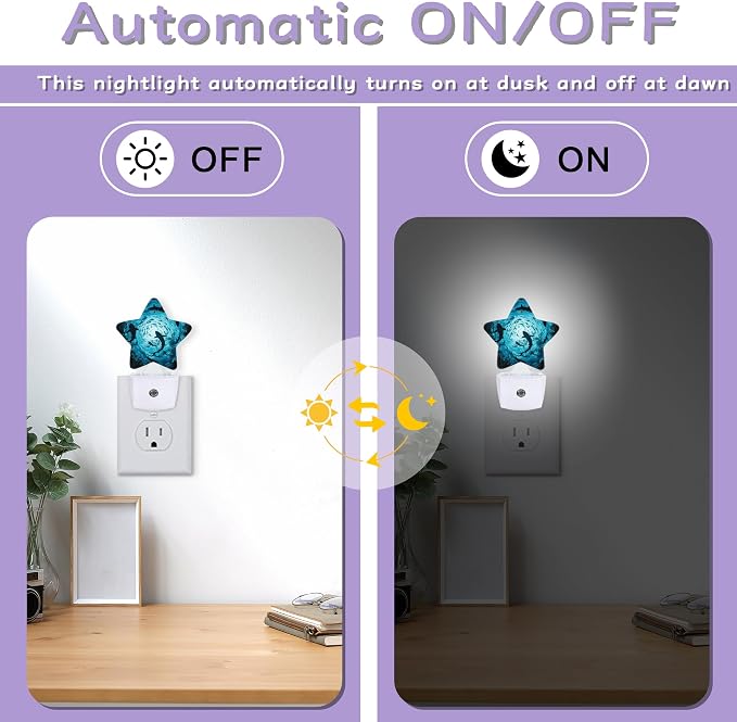 Sharks Swimming Decorative Nightlight Plug in Wall,Deep Blue Sea Star Shaped Night Light with Built in Sensor for Home Decor,Kitchen Hallway Stairs Desk Lamp