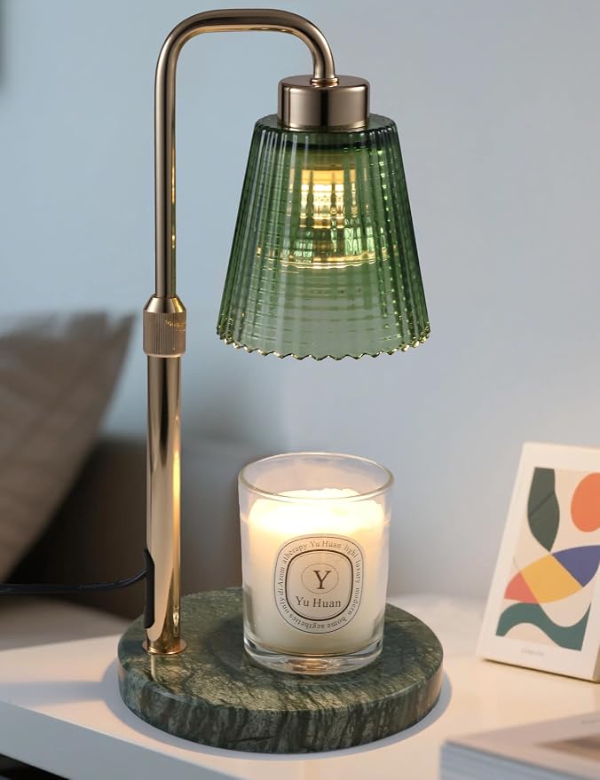 Marble Candle Warmer Lamp Green with Cycle Timer, Dimmable Wax Melt Warmer | 24h Cycle Timer Dimmable Wax Melt Warmer with 2 Bulbs, Fall Decor for Home Living Room Halloween Decorations Gifts for Mom