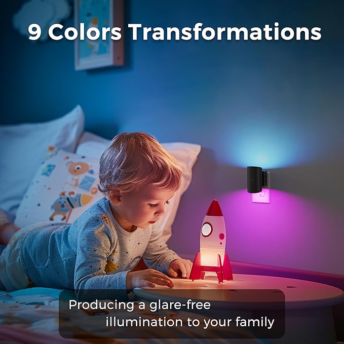 L LOHAS LED Night Light, 2 Pack,10-Color Changing Night Light for Kids,180° Rotatable Plug RGB Nightlight, LED Plug in Wall Light with Dusk to Dawn Sensor for Bathroom Decor, Children Room, Gift