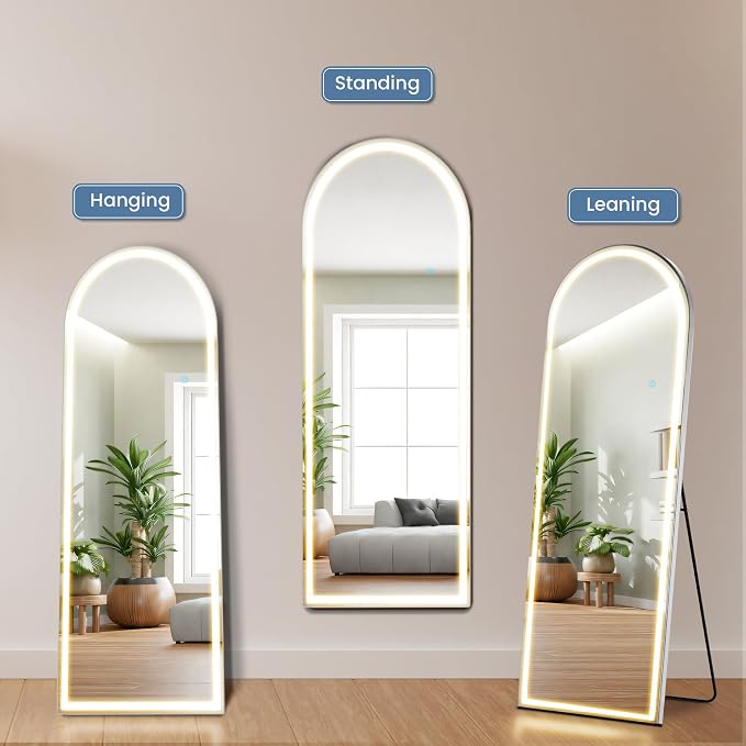 21"x64" Arched LED Full Length Mirror with Stand, Full Body Mirror | LED Lights 3 Color Lighting, Wall Hanging or Leaning, Floor Standing, Modern Simple Home Wall Decor