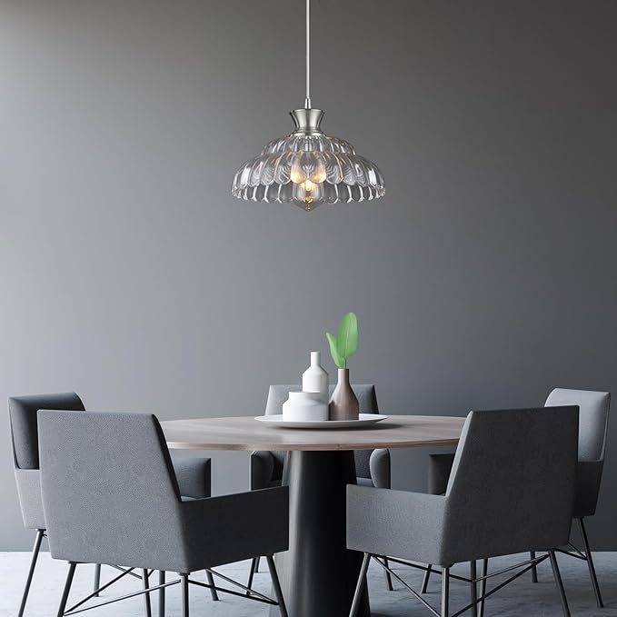 Modern Glass Pendant Lights Kitchen Island, 11.8" Glass Light Fixtures Brushed Chrome Flower Vintage Lighting Glass Ceiling Chandelier for Dining Living Room Restaurant Bedroom Foyer Entryway