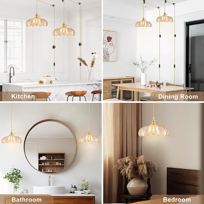 2 Pack Plug in Pendant Light Fixtures, Hanging Light Fixture Glass Pendant Light, Vintage Amber Hanging Lamp, Pendant Lighting for Kitchen Island, Bedroom, Dining Room, Living Room