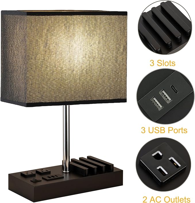 Briever USB Table Lamp, Multi-Functional Bedside Desk Lamp with 2 AC Outlets, 3 USB Charging Ports and Wooden Phone Stand Organizer, Ideal Nightstand Lamp for Bedroom, Black Shade
