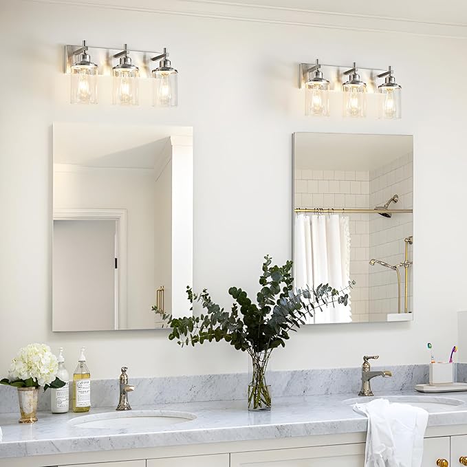 3-Light Brushed Nickel Bathroom Light Fixture Over Mirror Modern Bathroom Vanity Light Vintage Wall Lighting with Clear Glass Shade for Bathroom, Bedroom, Hallway, Cabinet