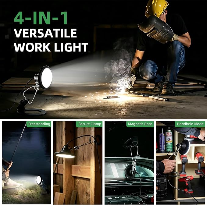 800 Lumen LED Clamp Light with Magnetic Base, 4-in-1 Versatile Portable Work Light, 360° Swivel Heat-Free Clip on Lamp, 5000K Daylight Eye-Care Workbench Light for Garage, Workshop, ETL Listed