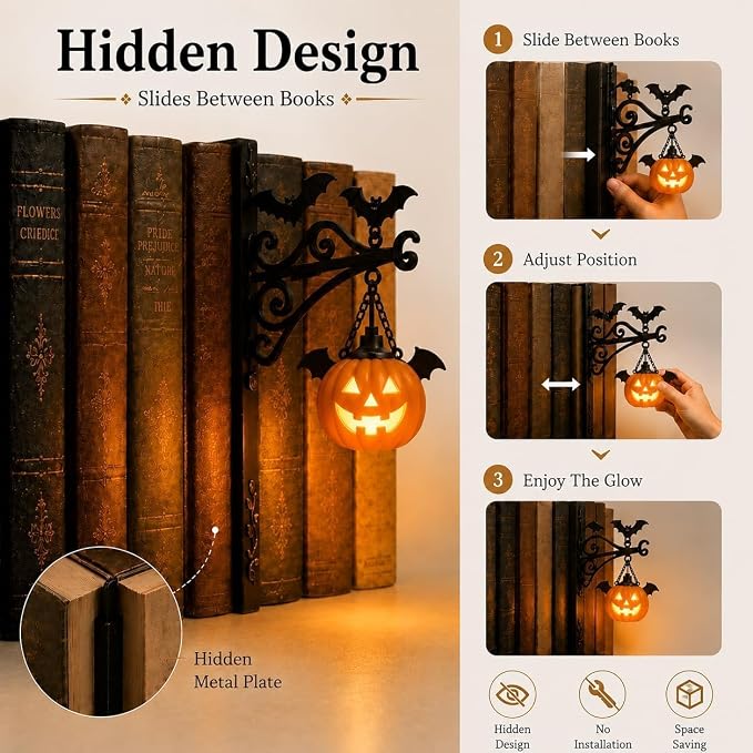 Library Lantern Bookshelf Lamp, Pumpkin Bookshelf Lantern with Warm LED Nightlight, Mini Nook Light for Bookshelf, Decorative Table Desk Luminaire, Halloween Bookshelf Decor for Book Lovers