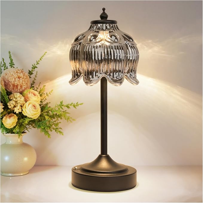 Cordless Table Lamp, Rechargeable Black Glass Lotus Flower Lamp | 5200mAh touch lamp with 3 color modes and stepless dimming, battery operated lamp for nightstands and kitchen counters