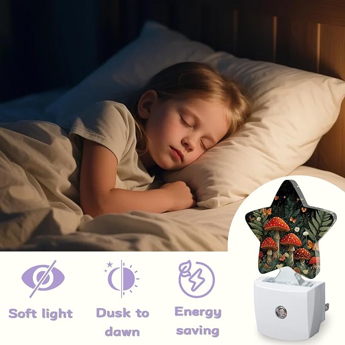 Fantasy Mushroom Nightlights Plug in Wall,Butterfly Moon Decorative Star Lamp with Automatic Lighting for Living Space,Gentle Glow for Kids Room,Hallway,Bathroom