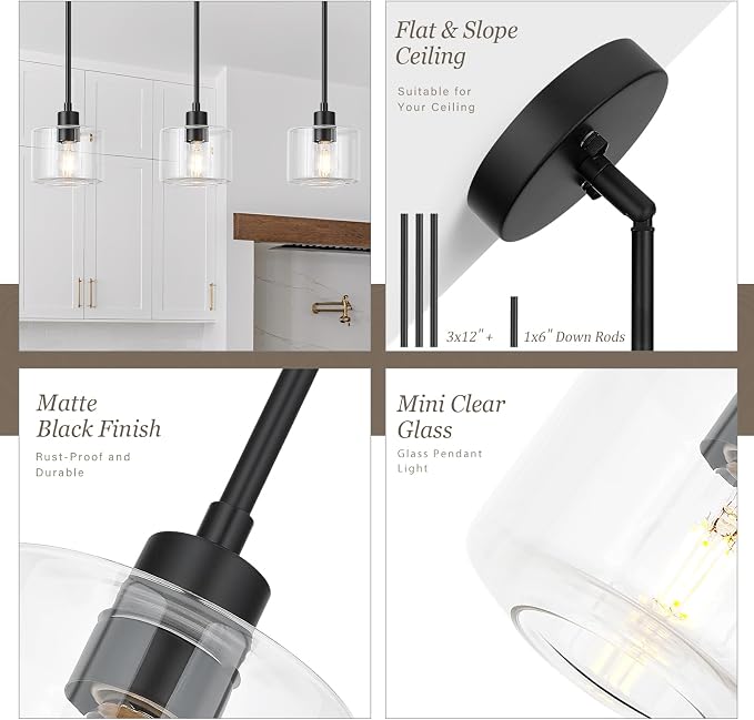 Black Pendant Lights Kitchen Island 2 Pack, Modern Clear Glass Hanging Light Fixtures with Rods, Mini Kitchen Pendant Lighting Over Island for Sink Bathroom, OS-YQ8153-2PBKC