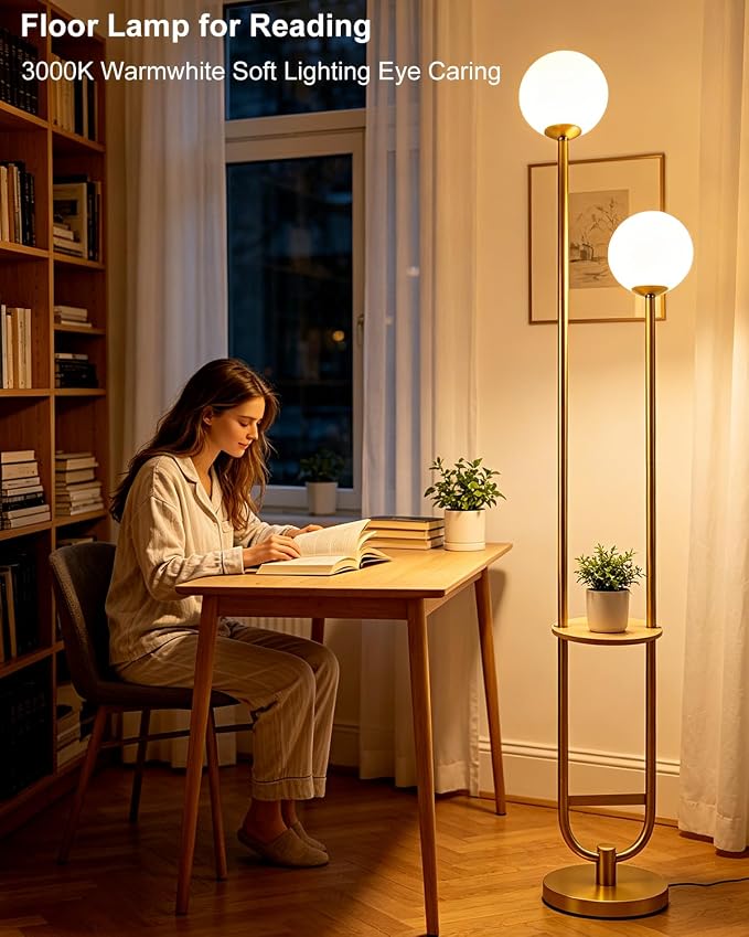 Lightdot 2 Globe Gold Floor Lamp with Table Mid Century Standing Lamps with 3000K LED Bulbs Unique U-Pole Vintage Tall Floor Lamp with 5Lbs Heavy Base for Living Room/Bedroom/Wedding/Party/Home Decor