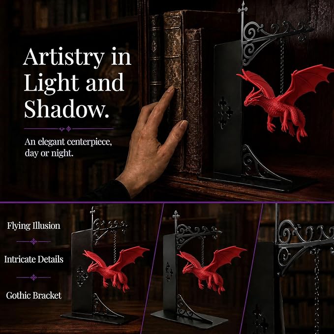 Magical Floating Dragon Bookshelf Lamp, Warm LED Dragon Night Light, Fantasy Reading Nook Decor, Unique Gift for Fantasy Lovers and Book Readers (red)