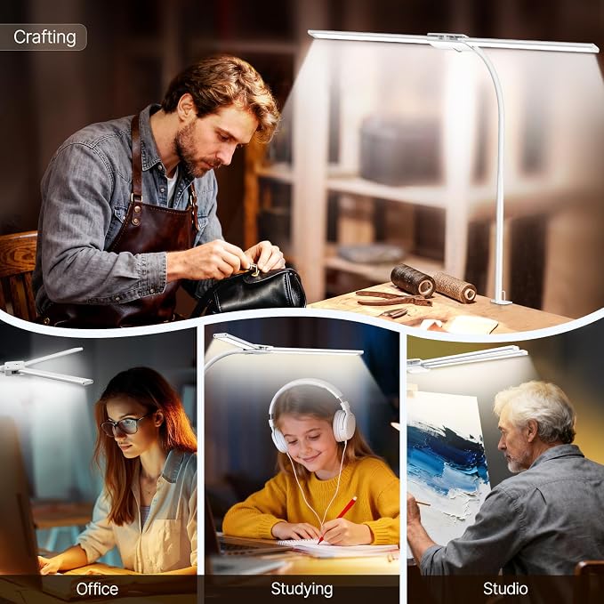 Syrinx LED Desk Lamp, Dual Head Desk Light with Clamp, Eye-Care Table Lamp | Flexible Gooseneck Task Light with Motion Sensor, Wired Control, 50 Lighting Modes, Timer & Memory Function for Home Office