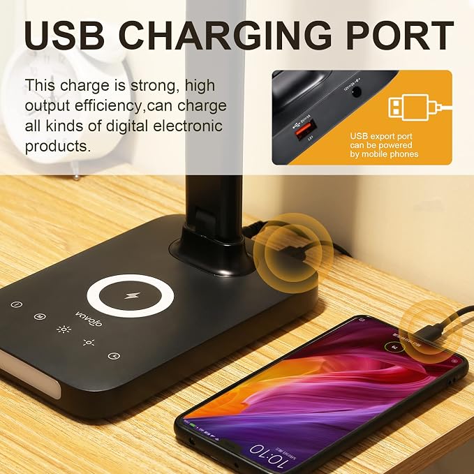 VAVOFO LED Desk Lamp with Fast Charger, USB Charging Port, Desk Light for Home Office with 5 Brightness Levels, Touch Control, 30/60 min Auto Timer, Eye-Caring Dimmable Table Lamp with Adapter