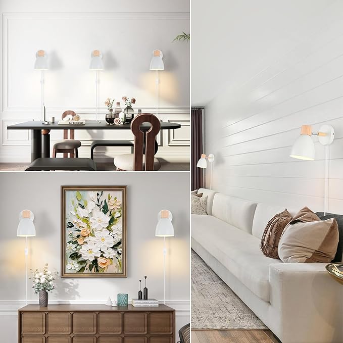 Wall Sconces Plug in, Swing Arm Wall Lamp with Power Cord, White Plug in Wall Lighting Fixtures Set of Two, Bedside Wall Mounted Reading Lamp with Switch, for Bedside Bedroom Hallway