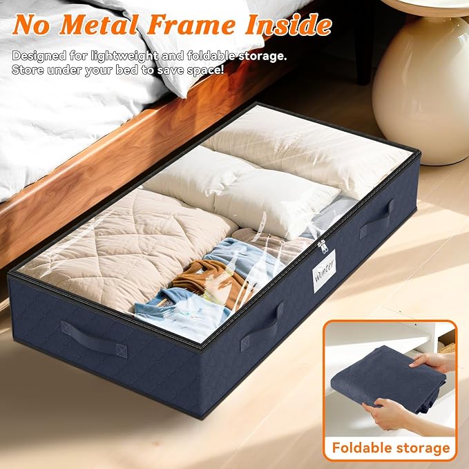 90L Under Bed Storage Containers, Storage Bags, Organizers, 8-Pack, Blue | Foldable, Soft Fabric, Closet Organizers, Reinforced Handle, Label Holder, Clear Window, for Comforters, Clothing, Blankets
