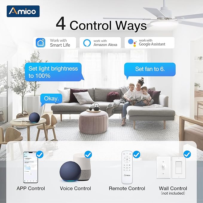 Amico Ceiling Fans with Lights, 52 inch Smart Ceiling Fan with Remote/APP/Alexa Control, Downrod Mount, Reversible DC Motor, 5 Blades, 6 Speeds, 3CCT, Dimmable, Noiseless, Bedroom, Living Room, White
