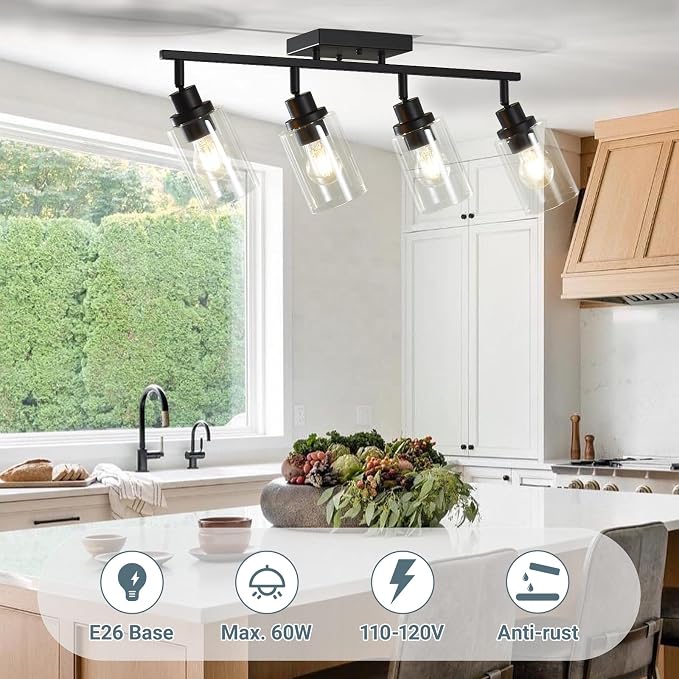 LOUSACE 4 Light Kitchen Track Light Fixtures Ceiling Vanity Lights Black, Bathroom Track Lighting Kit w/Rotatable Heads & Clear Glass Shade, Modern Wall Ceiling Tracking Light for Accent Shop Hallway
