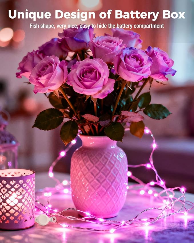 btfarm 12 Pack Fairy Lights Battery Operated, 7FT 20 LED Mini String Lights Waterproof Silver Wire for Mason Jars Centerpiece Table Crafts Bedroom Christmas Decoration, Pink