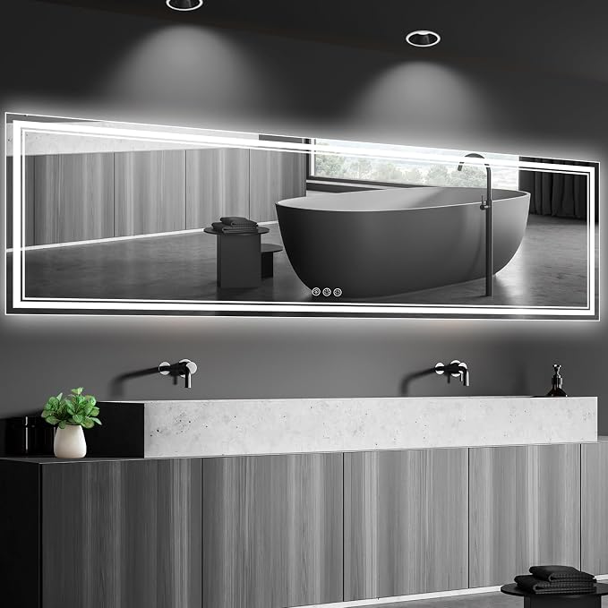 Ratsamee 96x36 Inch LED Bathroom Mirror with Frontlit & Backlit, Lighted Mirror for Bathroom Wall with 3-Color Dimmable & Anti-Fog, Vanity Mirror with Lights
