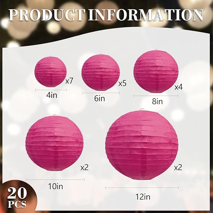 20Pcs Fuchsia Paper Lanterns for Parties, 6” 8” 10” 12” Chinese Asian Hanging Round Paper Lanterns for Birthday Wedding Halloween Christmas Home Decor Party Decor