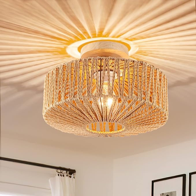Boho Rattan Ceiling Light - Flush Mount Mini Chandelier Woven Light Fixture for Bedroom, Hallway, Entryway, Bathroom, Nursery