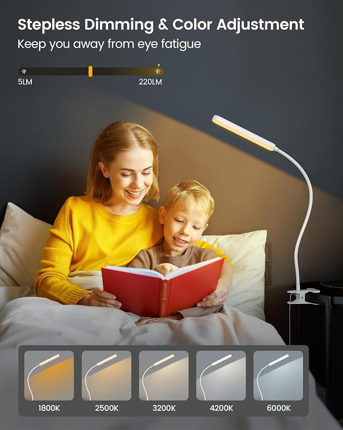 Glocusent 38 LED Clip On Light, 5W Eye Caring Book Lights for Reading | 5 Color & 5 Brightness with a Remote, 30-Min Auto Off Timer, Multi-Purpose Clip Lamp for Bed Reading/Studying/Working