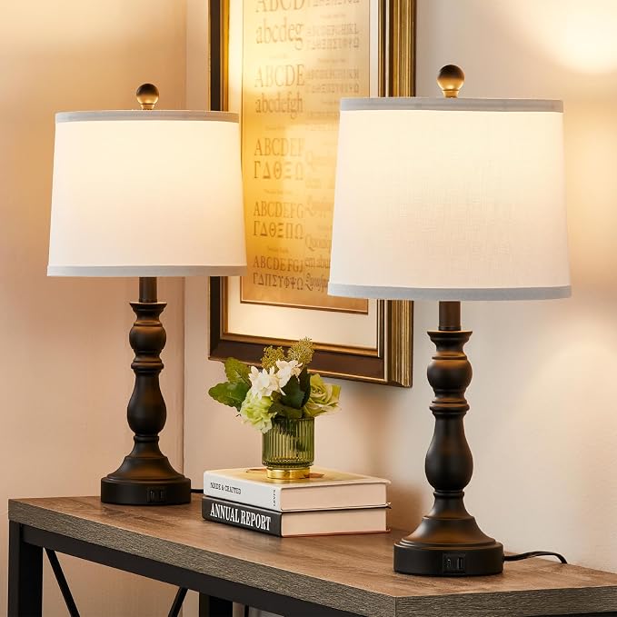 Farmhouse Side Table Lamps for Living Room Set of 2 with USB C+A Ports, Bedside Lamp for Bedroom, Dining Room Decor, Office, End Table, Knob Switch, 3 Color Temperatures, Bulb Included, Black