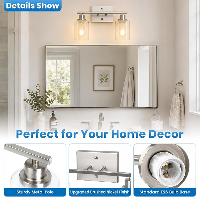 Ascher 2 Light Bathroom Light Fixture, Brushed Nickel Bathroom Lighting Fixtures Over Mirror, Vanity Light with Clear Glass Shade, Wall Sconce for Living Room Bedroom Cabinet, E26 Base
