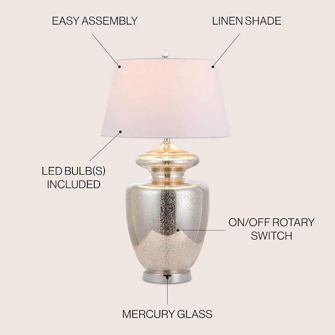 JONATHAN Y Hughes 31" Glass Table Lamp, Mercury Silver/Ivory | Contemporary Urn Bedside Lighting for Living Room, White Linen Drum Shade, Chrome Metal Base, LED Bulb Included