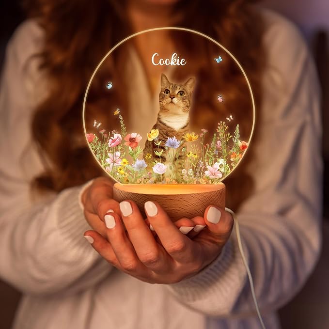 Personalized Dog Memorial LED Night Light with Wooden Base, Custom Photo and Name Pet Memorial Gift for Loss of Pet