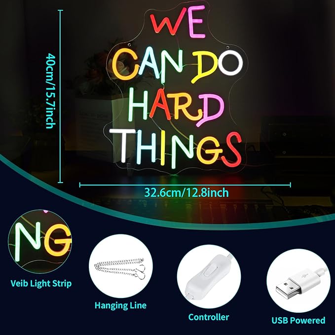 Neon Sign - HSJNJKFU We Can Do Hard Things Neon Signs for Wall Decor Led Light up Signs for Classroom, Office, Party, Bedroom, Room Home Decor, Led Sign USB Powered