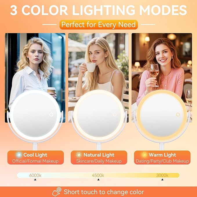 Auxmir Makeup Mirror with Lights, Double Sided 30X/1X Magnifying Mirror with Light, 3 Color Stepless Dimmable with Touch Screen, Rechargeable 360° Free Standing Vanity Mirrors for Bathroom, Bedroom