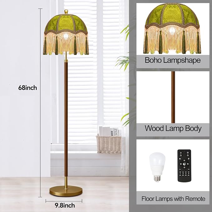QIYIZM Vintage Floor Lamp for Living Room,Bedroom,Dimmable Standing Lamp with Remote,Green Mid Century Gold Tall Lamp Boho Retro Floor Light Fringe Tassel Flower Unique Wood Tiffany Victorian Decor