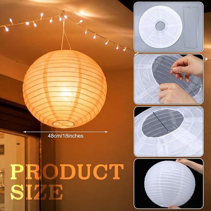 Glooglitter 5 Pcs 18 Inch Large White Paper Lanterns Gaint Chinese Moon Round Paper Lamp Japanese Jumbo Hanging Lanterns for Wedding Graduation Bridal Shower Birthday Party Supplies Decoration