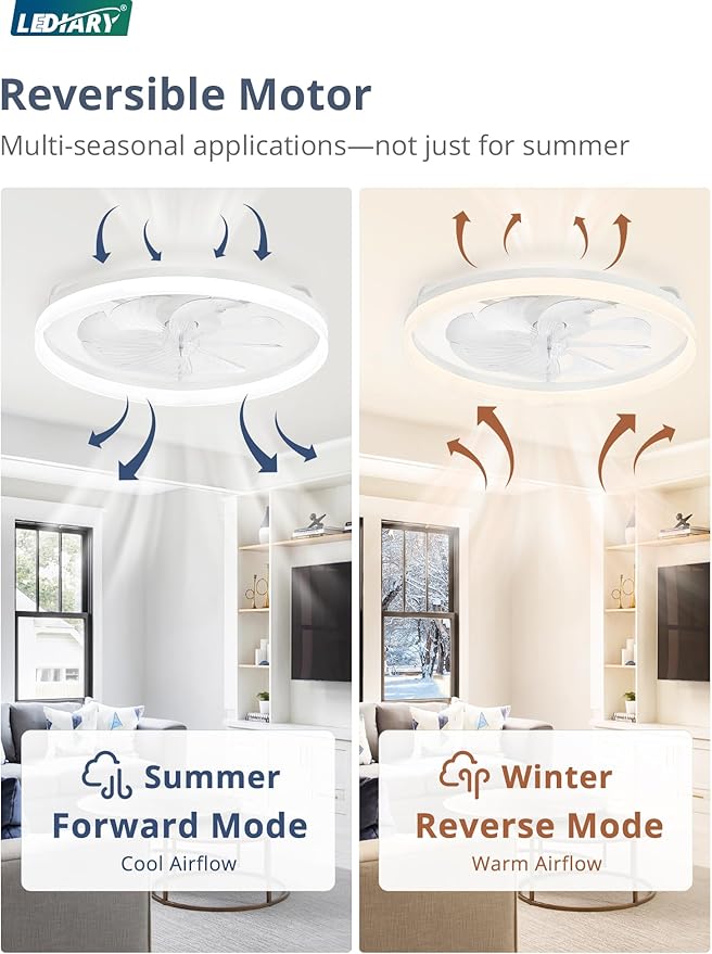LEDIARY 23" Low Profile Ceiling Fans with Lights, APP & Remote, White | Flush Mount, Dimmable LED, Quiet DC Motor, Reversible, 6 Speeds, Fandelier, for Bedroom