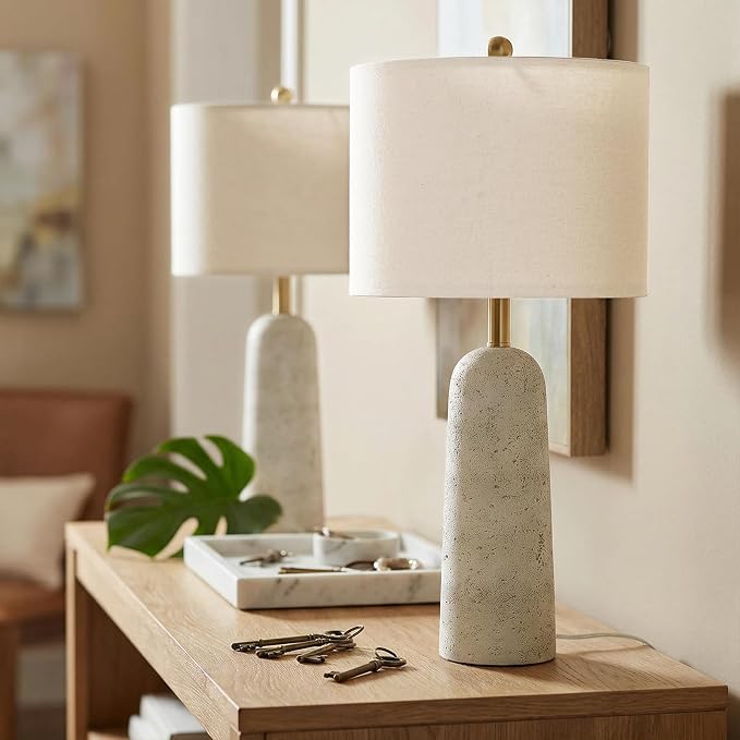 BOBOMOMO 27.25" Modern Table Lamp Set of 2, White Resin Table Lamps with Stone Look, Lamps for Living Room with Linen Shades, Bedside Lamps for Bedroom, Nightstand, Entryway
