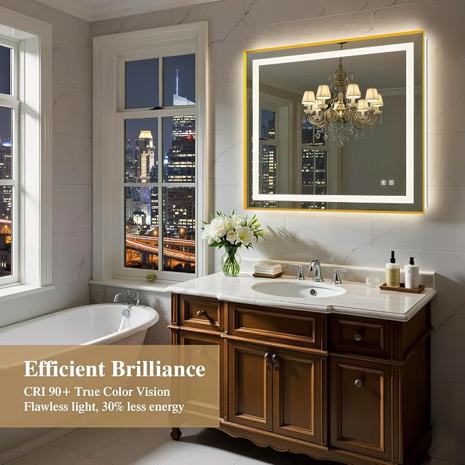 40X36 Inch LED Bathroom Mirror with Lights, Gold Frame Frontlit+ Backlit Bathroom Vanity Mirror for Wall, Ultra-Clear Tempered Glass, Shatter-Proof, Anti-Fog and Memory Function, ETL Listed