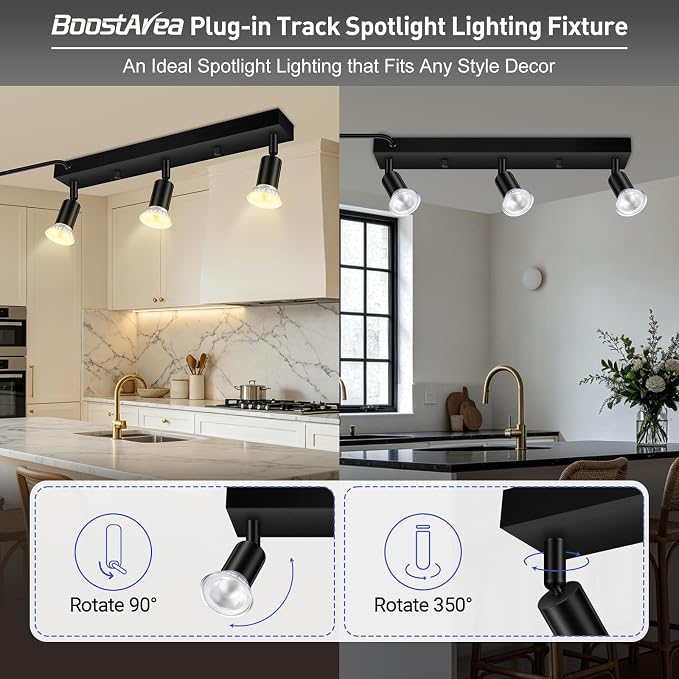 3 Head Plug in Track Light Fixture Black, Easy Install Corded Track Lighting Kit with Switch, Adjustable Directional Spotlight for Kitchen Island Closet Art Display, Modern Ceiling Lamp,15ft Cord