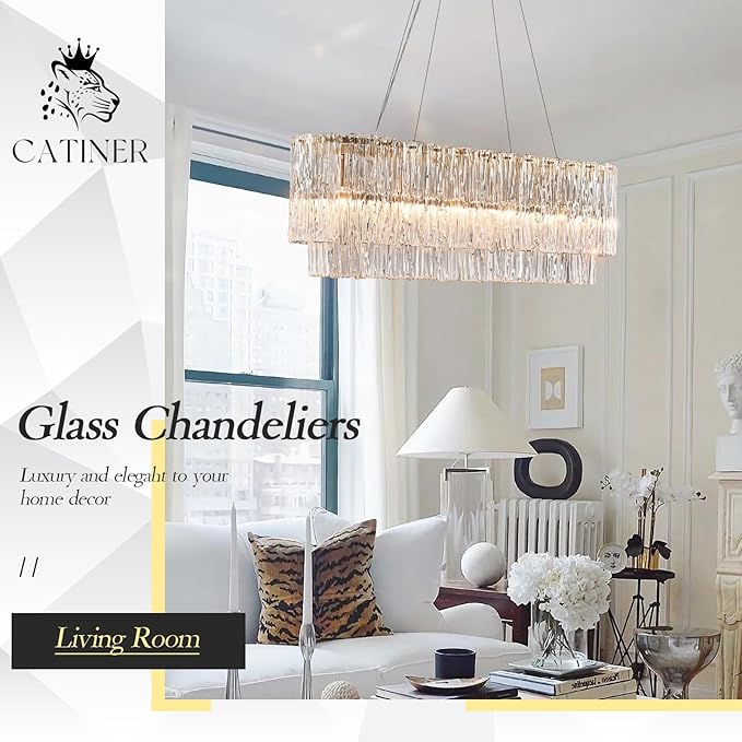 Gold Rectangle Chandeliers for Dining Room Modern Island Light Crystal Glass 6-Light Chandelier Rectangular Linear Pendant Hanging Ceiling Light Fixture for Kitchen L35.5”